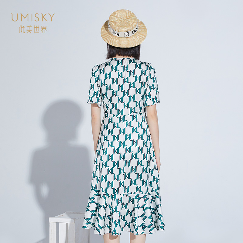 umisky优美世界女装夏季度假风几何印花不规则连衣裙VI2D1015-图1