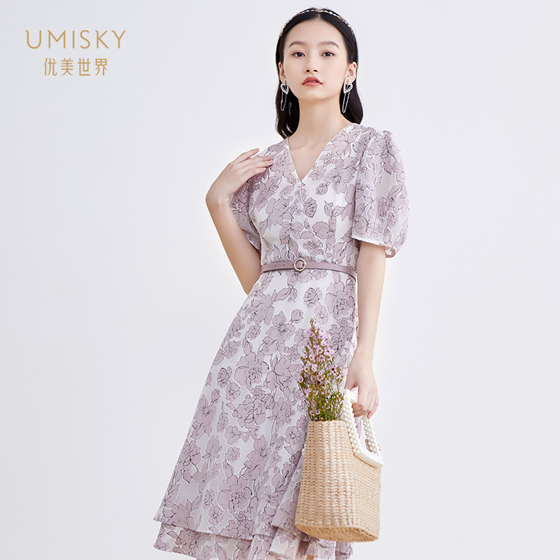 清仓 umisky优美世界V领简约印花修身连衣裙SG2D1092-图2