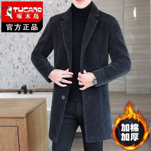 啄木鸟秋冬季加绒毛呢外套男中长款毛呢大衣男士风衣修身呢子外套 - 图0