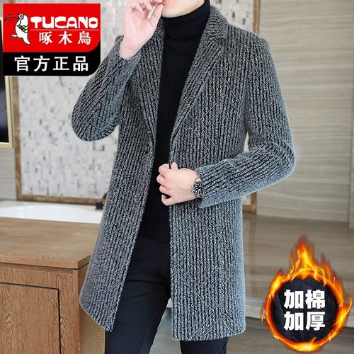 啄木鸟秋冬季加绒毛呢外套男中长款毛呢大衣男士风衣修身呢子外套 - 图3