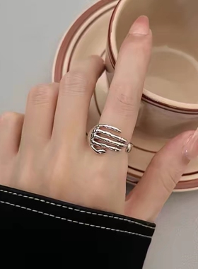 夸张暗黑骷髅手掌S925银戒指女复古时尚个性开口指环欧美食指戒潮