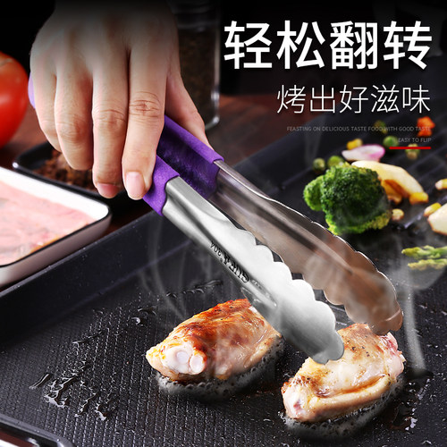 不锈钢食品菜夹子硅胶家用厨房油炸防烫加长加厚烧烤肉煎牛排专用 - 图2