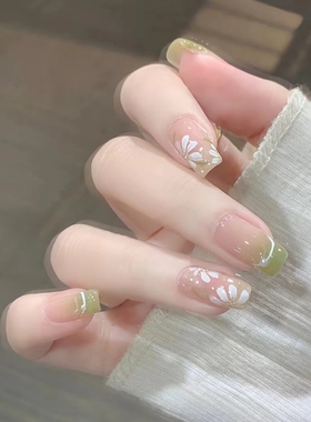 纯手工光疗穿戴甲 小清新手绘山茶花 绿色显白成品重复美甲贴片