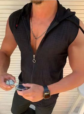 Hooded zippered cardigan T-shirt for men's summer new