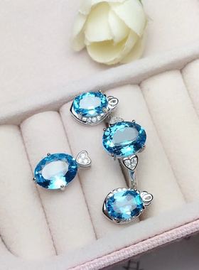 瑞士蓝托帕石耳钉项链纯银戒指