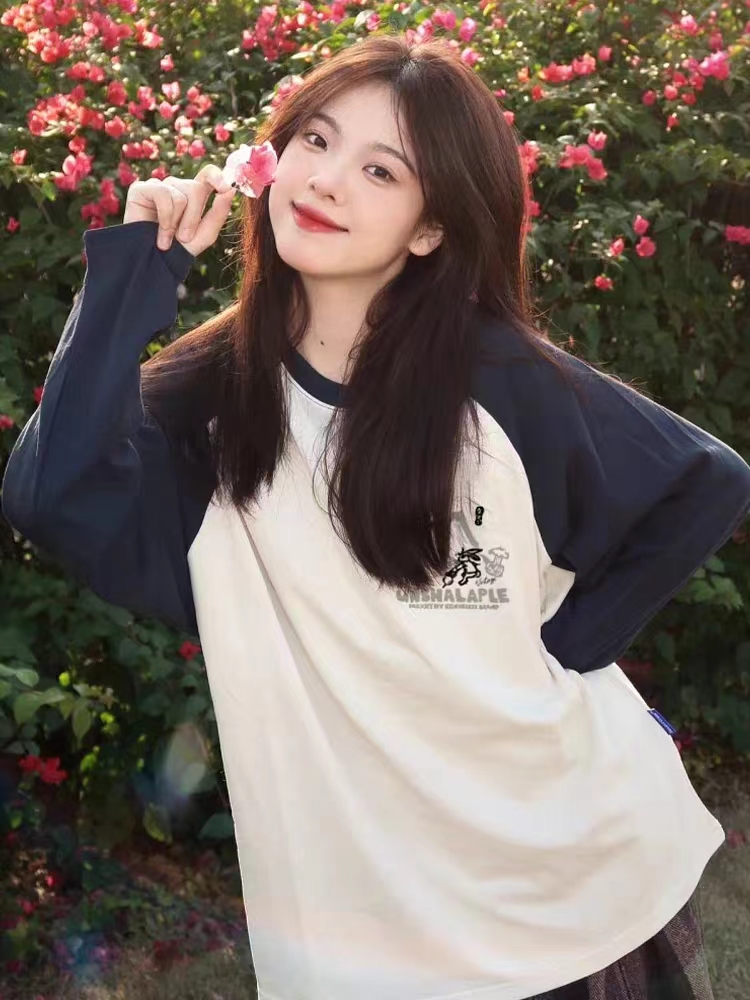 新款拼色长袖t恤女潮牌宽松bf慵懒风百搭