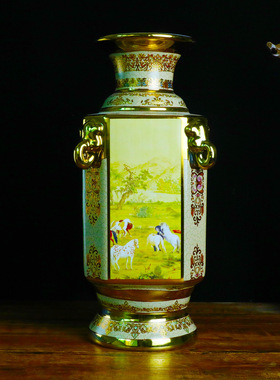 景德镇中式仿古描金瓷器陶瓷花瓶家居瓷器装饰摆件骏马图四方瓶