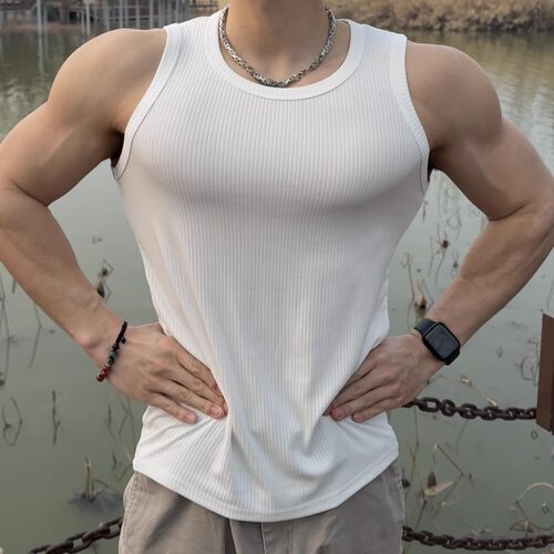 夏季运动背心男无袖T恤显大速干弹力篮球宽肩肌理训练跑步健身衣 - 图2