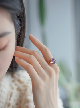 简约优雅紫水晶戒指时尚流行S925银渡18K金PT950铂金不规则戒指