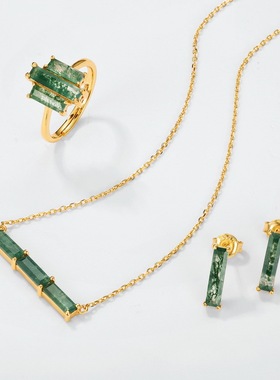 个性夸张天然绿苔藓石食指戒S925银渡18K金PT950铂金水草玛瑙戒指