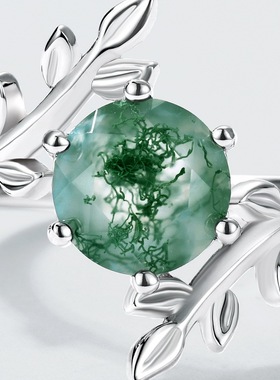 水彩玛瑙食指戒女S925银渡18K金PT950铂金镶绿苔藓石橄榄枝戒指