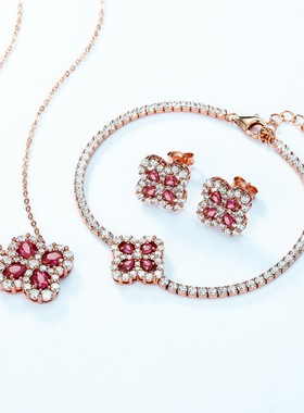 个性夸张培育红宝手链S925银渡18K金PT950铂金四叶草手链满镶链