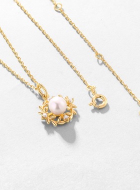 日韩潮流配饰项链天然珍珠橄榄枝桂冠S925银渡18K金PT950铂金吊坠