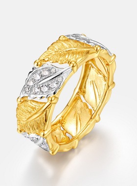 意大利手工拉丝织纹雕金枫叶戒指S925银渡18K金PT950铂金色金叶子