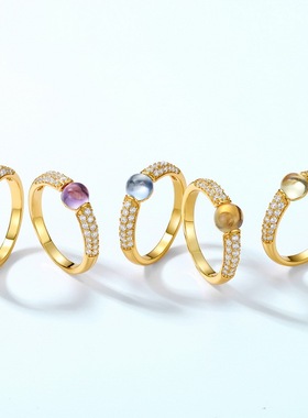 彩色水晶S925银渡18K金PT950铂金戒指轻奢精致高级感重工食指指环