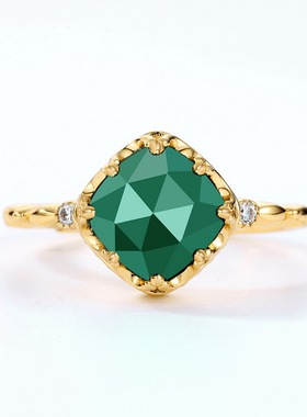 绿玛瑙蕾丝戒指女士宫廷穆斯林绿色S925银渡18K金PT950铂金戒指