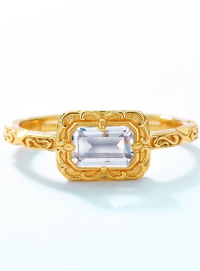 日系简约几何方形白水晶戒指复古风S925银渡18K金PT950铂金戒指