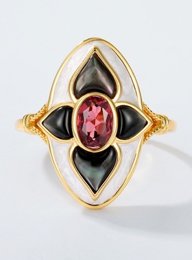 设计感黑贝壳红石榴石戒指女S925银渡18K金PT950铂金冷珐琅戒指