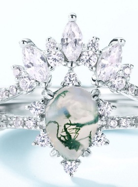 新款S925银渡18K金PT950铂金水草玛瑙戒指梨形绿苔藓叠戴指戒饰品