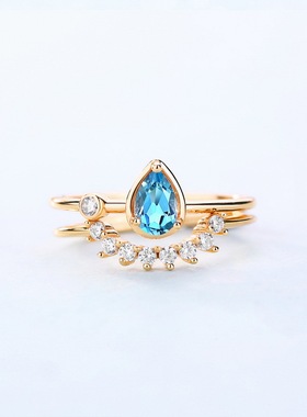 天然水滴型瑞士蓝托帕石S925银渡18K金PT950铂金开口戒 时尚指环