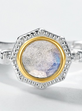 新款流行拉长石戒指文艺S925银渡18K金PT950铂金镀金戒指小众设计