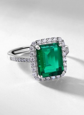 轻奢长方形S925银渡18K金PT950铂金培育祖母绿戒指复古高级感手饰