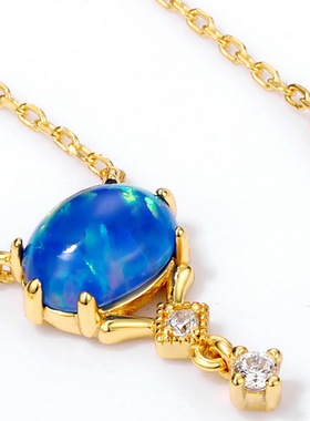 复古蓝色合成欧泊古典项链女S925银渡18K金PT950铂金精工彩宝颈饰