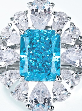 珠宝应季新品S925银渡18K金PT950铂金海蓝宝石戒指花卉设计女戒