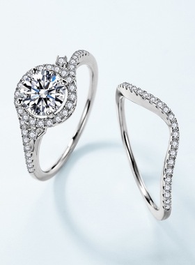 圆形莫桑石戒指女S925银渡18K金PT950铂金套戒优雅高级感叠戴指环