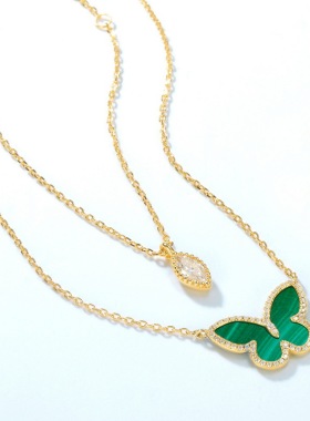 绿色孔雀石项链S925纯银镀18K金PT950铂金蝴蝶项链手链项链双戴款