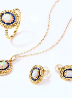 低温珐琅欧泊S925银渡18K金PT950铂金戒指经典叶子花纹开口戒指