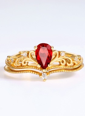 S925银渡18K金PT950铂金宫廷复古日系指环女石榴石开口皇冠戒指