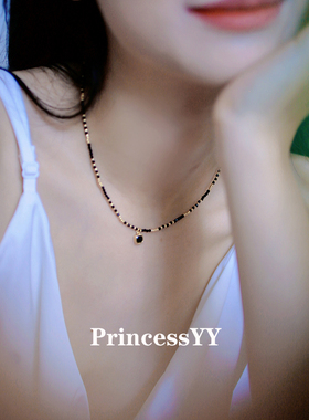 PrincessYY女款黑色晶石玛瑙拼接细百搭时尚项链高级感轻奢小众潮