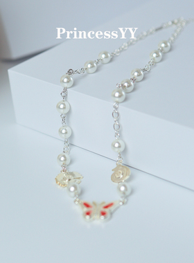 PrincessYY 蝴蝶珍珠项链2024年爆款高级感春夏小众设计师银色饰