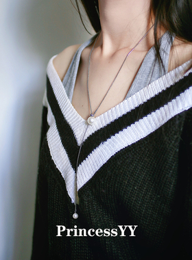 PrincessYY银色中性长款珍珠钛钢素链项链毛衣配饰高级设计感小众