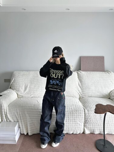 TSAOOJ秋冬复古做旧字母印花白墨数码直喷重磅纯棉打底衫男女同款 - 图2