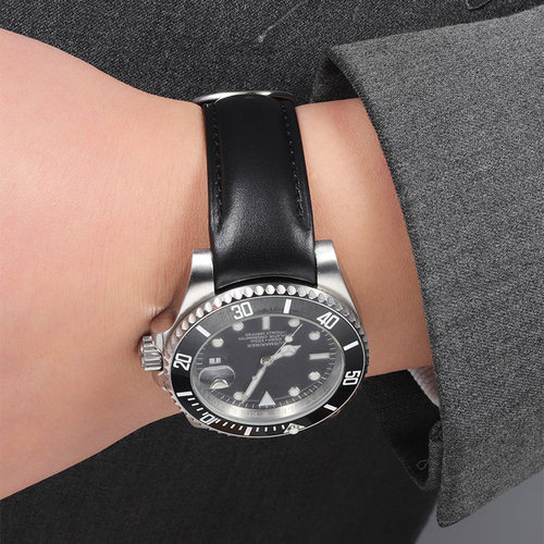 适用劳力士手表带真皮弧形迪通拿绿黑水鬼游艇男女蝴蝶扣表带20mm - 图0