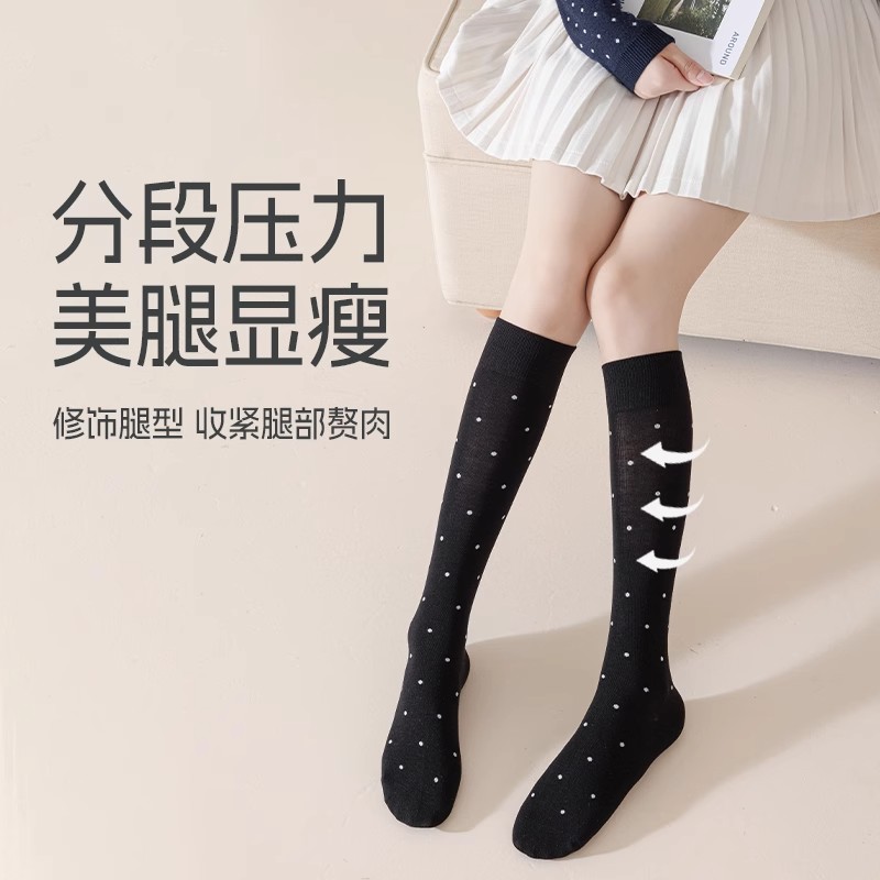 MIU系小腿袜女士夏季薄款棉袜压力显瘦波点纯欲jk白色透气长筒袜 - 图1