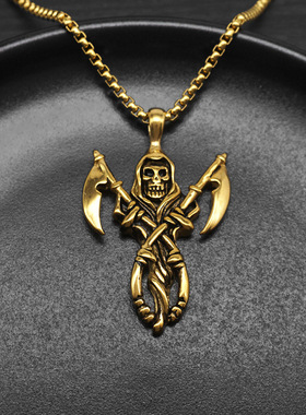 欧美骷髅头哥特钢死神吊坠项链男
