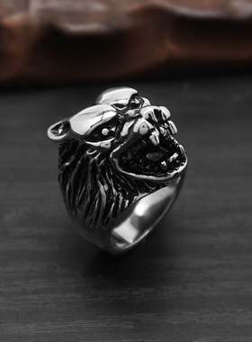 跨境霸气个性狼图腾狼头男款戒指铸造朋克嘻哈街头动物钛钢戒指