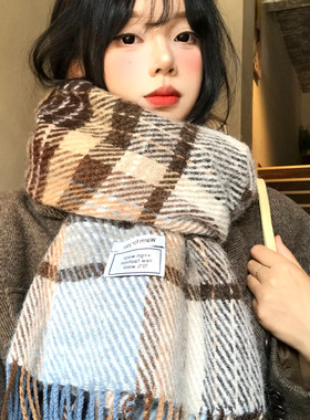 韩系高级感格纹围巾女冬季复古氛围感加厚保暖护颈围脖防寒披肩