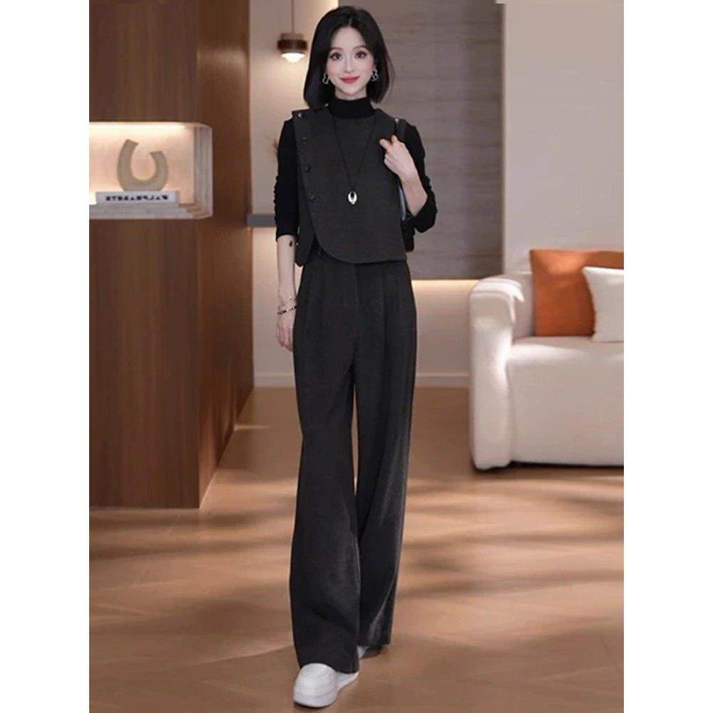 香港代购时尚套装女秋季新款时髦半高领打底衫马甲阔腿裤三件套潮,淘宝优惠券,粉丝福利购,淘宝优惠卷