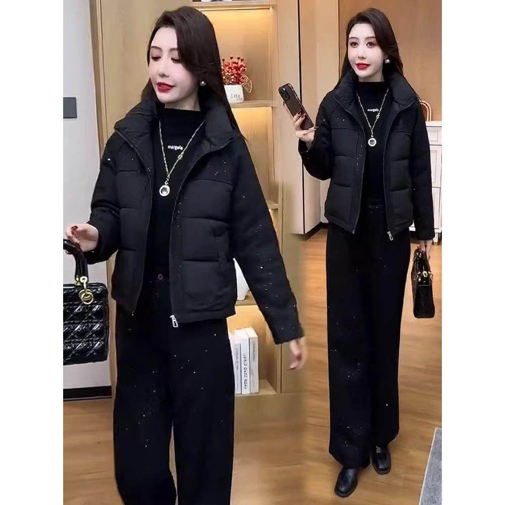 香港代购时尚休闲套装女冬季新款毛呢拼接棉衣外套阔腿裤两件套潮,淘宝优惠券,粉丝福利购,淘宝优惠卷