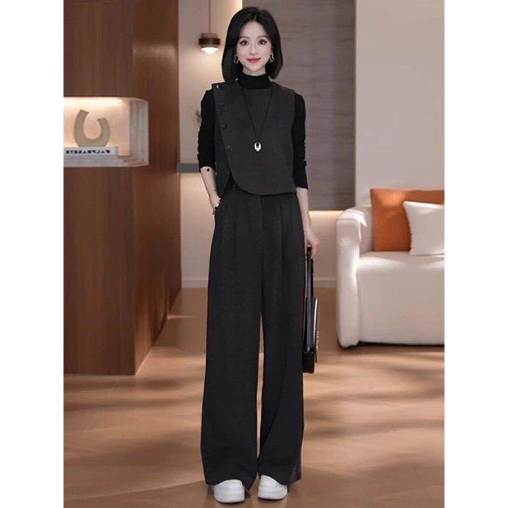 香港代购时尚套装女秋季新款时髦半高领打底衫马甲阔腿裤三件套潮,淘宝优惠券,粉丝福利购,淘宝优惠卷