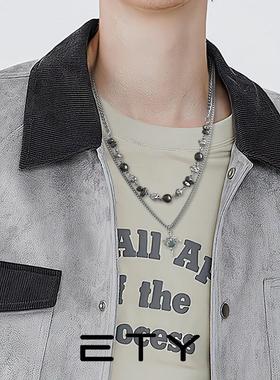 钛钢项炼双层叠戴男生串珠拼接碎石锁骨炼男士嘻哈风吊坠小众配饰