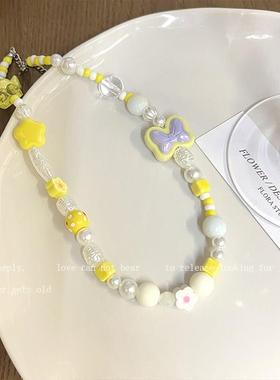 黄色蝴蝶结糖果串珠项炼女小众设计多巴胺女孩甜酷泫雅风锁骨炼子