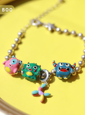 猫哩卟卡通糖果色小怪兽气球狗925银串珠可爱beads手链手镯彩珠