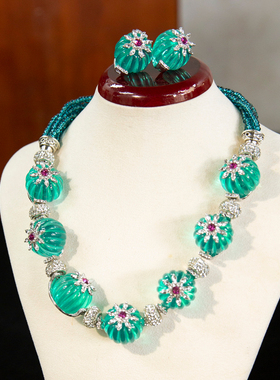 水舞 D1207新娘结婚吊坠花朵毛衣链百搭镶钻复古项链耳环套装配饰