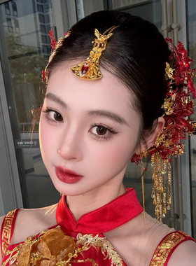 水舞U2589新中式喜庆红色花朵发夹发簪套装个性小众结婚礼发饰品