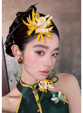 水舞U2517新娘头饰新中式绒花黄色仿真花朵发夹结婚礼晨袍发饰品